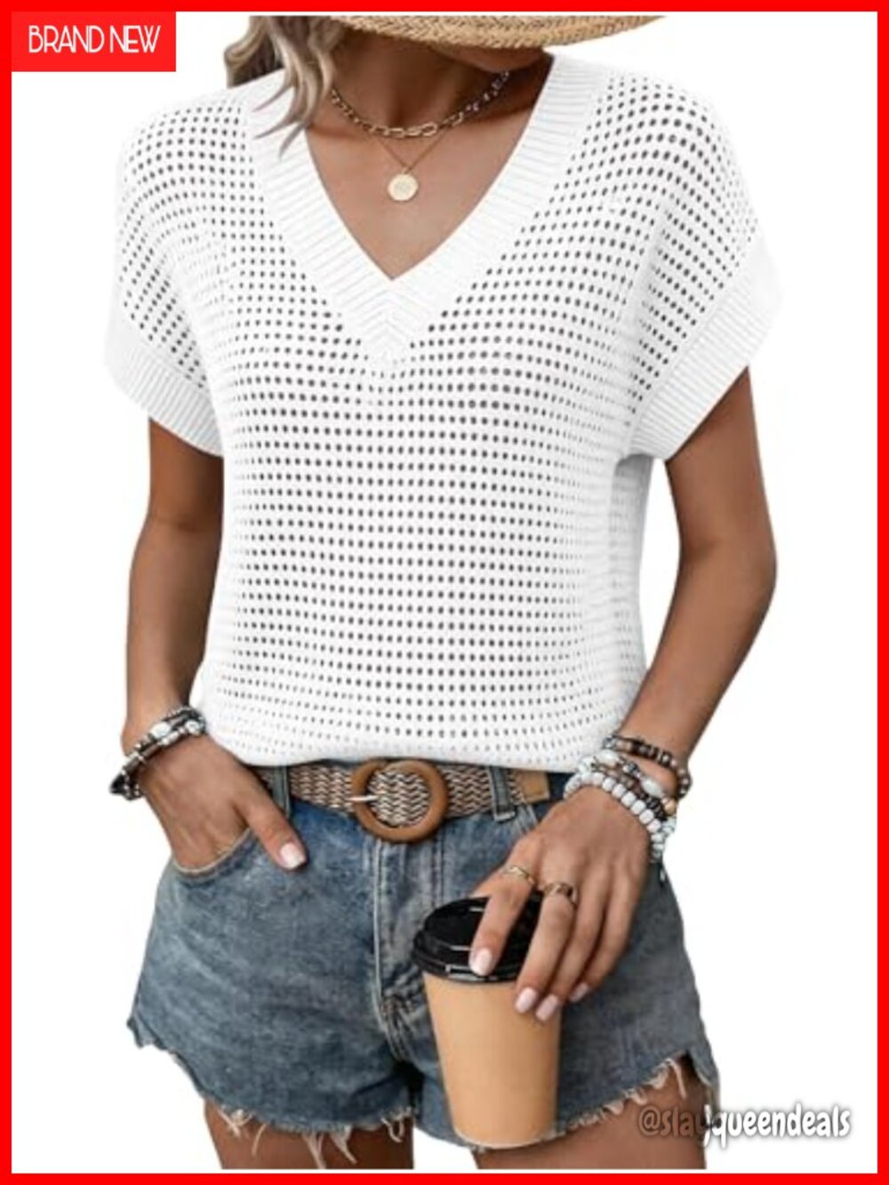 Women's Crochet Sweater Vest Cap Sleeve V-Neck Hollow Out Knit Tank Top